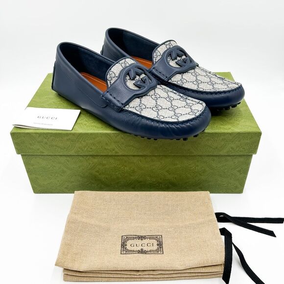 Gucci Interlocking GG Supreme Navy Leather Loafers Drivers New Size 10 - Picture 1 of 12